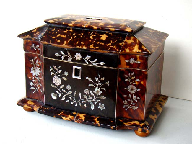 An English Regency period double serpentine fronted Tortoiseshell Tea Caddy box circa 1825